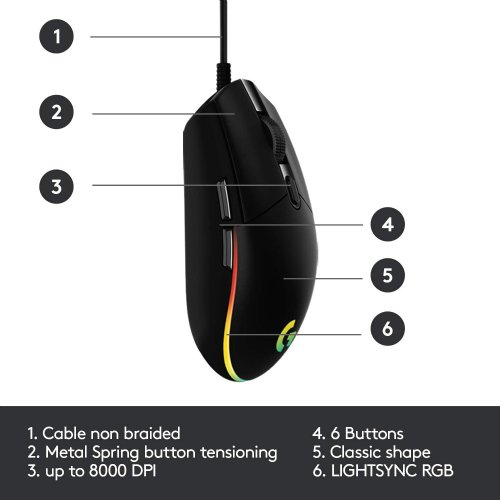 Logitech G203 2nd Gen Wired Gaming Mouse, 8,000 DPI, Rainbow Optical Effect LIGHTSYNC RGB, 6 Programmable Buttons, On-Board Memory, Screen Mapping, PC/Mac Computer...