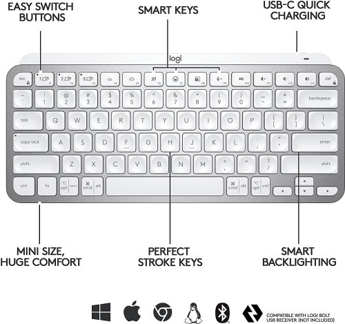 Logitech MX Keys Mini for Mac Minimalist Wireless Illuminated Keyboard, Compact, Bluetooth, Backlit Keys, USB-C, Metal Build, Compatible with MacBook Pro... (Pale Grey)