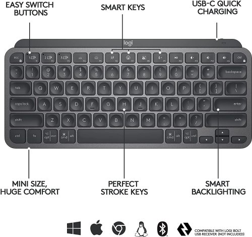 Logitech MX Keys Mini Minimalist Wireless Illuminated Keyboard, Compact, Bluetooth, Backlit, USB-C, Compatible with Apple macOS, iOS, Windows, Linux, Android, Metal Build...(Graphite)