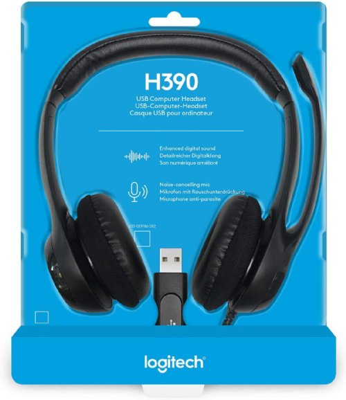 Logitech H390 Wired Headset, Stereo Headphones with Noise-Cancelling Microphone, USB, In-Line Controls, PC/Mac/Laptop - Black