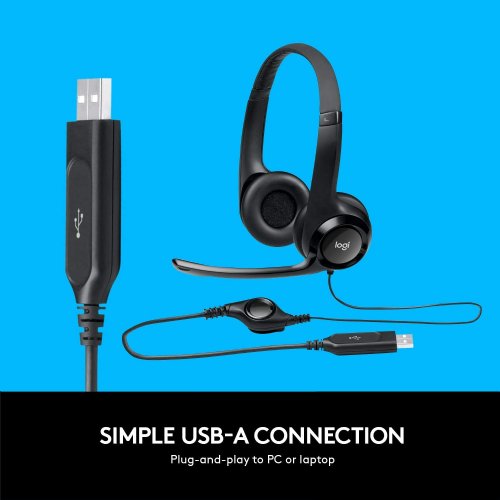 Logitech H390 Wired Headset, Stereo Headphones with Noise-Cancelling Microphone, USB, In-Line Controls, PC/Mac/Laptop - Black