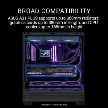 ASUS A31 Black ATX case, Hidden-Connector motherboards, 360mm radiators and 380mm Graphics Cards, with Black or White Color Options, Fans not included ...