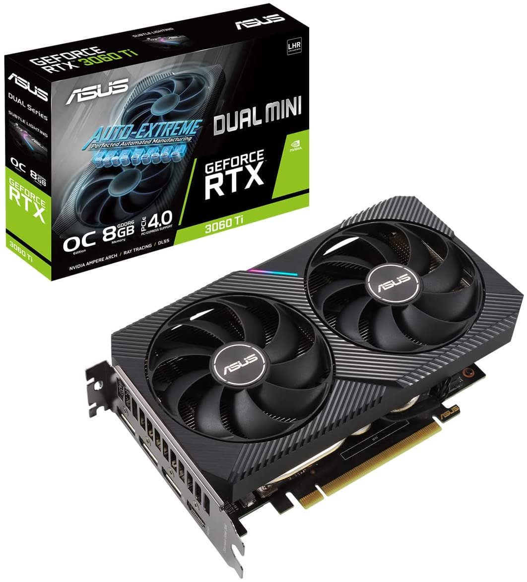 ASUS Dual GeForce RTX3060 TI Mini 8G V2 OC Edition Gaming Graphics Card (Lite Hash Rate (LHR), Nvidia Ampere, PCIe 4.0, 8GB DDR6 Memory, 2x HDMI 1.2,