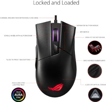 ASUS ROG Gladius II Core Wired USB Optical Ergonomic FPS Gaming Mouse featuring Aura Sync RGB, 6200 DPI Optical, 30G Acceleration, 220 IPS sensors and swap...