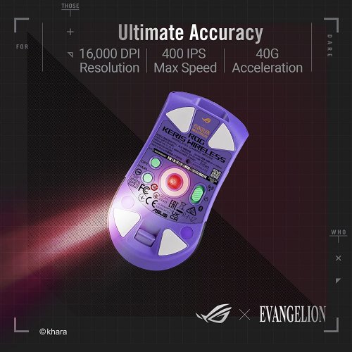 ASUS ROG Keris Wireless EVA Edition Gaming Mouse, Tri-mode connectivity (2.4GHz RF, Bluetooth, Wired), 16000 DPI sensor, 7 programmable buttons, PBT, hot-s...