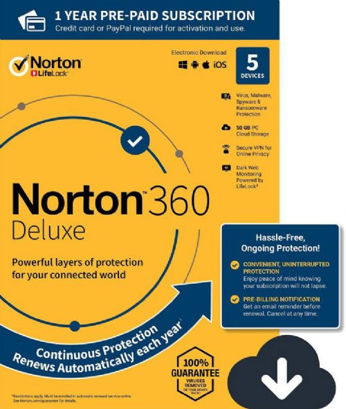 Norton 360 Deluxe 50GB Antivirus Software for 1 Device - Includes VPN, PC Cloud Backup - Providing real-time threat protection, 1 year Subscription - Digital Download