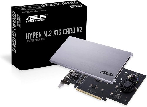 ASUS HYPER M.2 X16 Card v2, Hyper M.2 x16 PCIe 3.0 x4 Expansion Card V2 supports 4 NVMe M.2 (2242/2260/2280/22110) up to 128 Gbps for Intel VROC and AMD Ry...