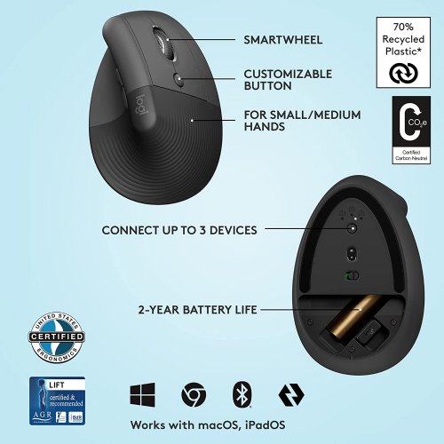 Logitech Lift Vertical Ergonomic Mouse, Wireless, Bluetooth or Logi Bolt USB receiver, Quiet clicks, 4 buttons, compatible with Windows/macOS/iPadOS, Laptop, PC...(Graphite)