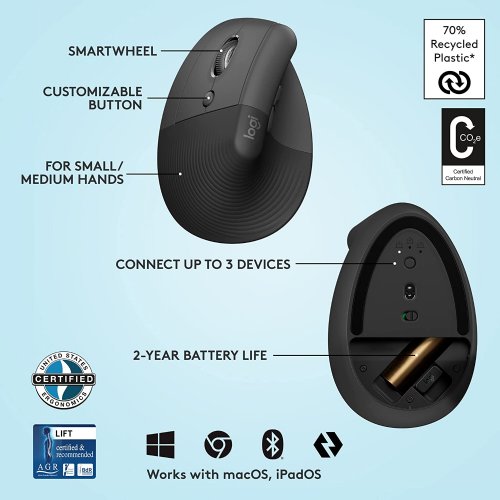 Logitech Lift Left Vertical Ergonomic Mouse, Left-handed, Wireless, Bluetooth or Logi Bolt USB, Quiet clicks, 4 buttons, compatible with Windows/macOS/iPad...