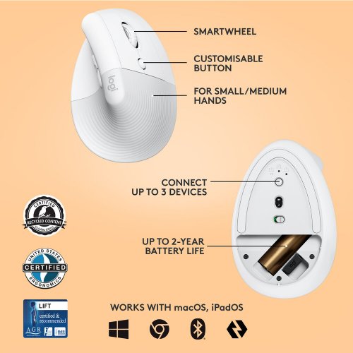Logitech Lift Vertical Ergonomic Mouse, Wireless, Bluetooth or Logi Bolt USB receiver, Quiet clicks, 4 buttons, compatible with Windows/macOS/iPadOS, Laptop, PC...(Off-White)