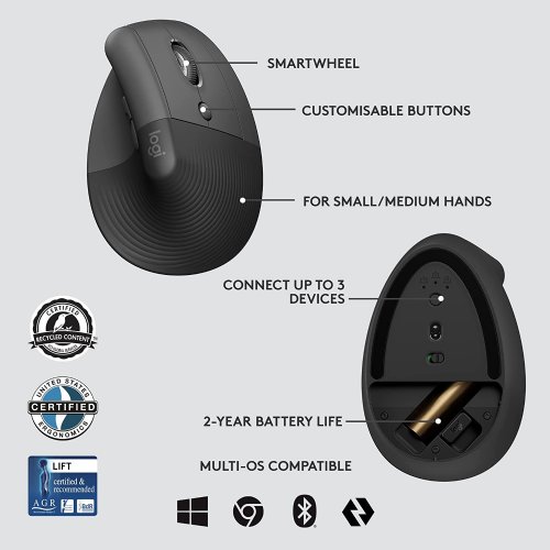 Logitech Lift for Business, 4 Buttons SmartWheel USB & Bluetooth Dual (RF / Bluetooth Wireless) 4000 DPI (Fully adjustable DPI) Mouse - Graphite...
