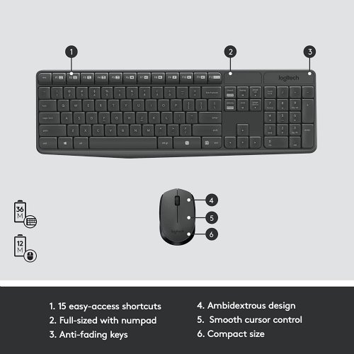 Logitech MK235 Wireless Keyoard and Mouse - French Layout (Grey), Non-unifying protocol (2.4 GHz) with Nano USB receiver (920-007897)