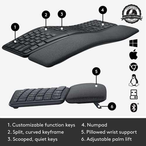 Logitech ERGO K860 Wireless Split Ergonomic Keyboard, Bluetooth 5.0 LE Connection, Molded Convex Curve with Split Key, Full-Size Layout with Integrated Numpad...(920-009166)