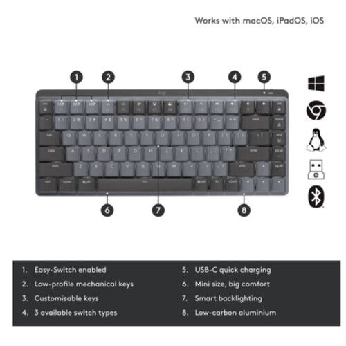 Logitech MX Mechanical Mini Wireless Illuminated Keyboard, Tactile Quiet Switches, Backlit, Bluetooth, USB-C, macOS, Windows, Linux, iOS, Android, Metal...