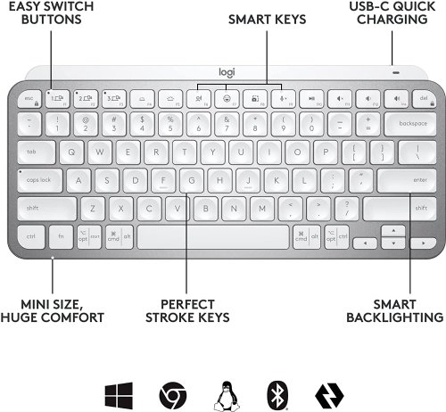Logitech MX Keys Mini Wireless Illuminated Keyboard for Business, Compact, Logi Bolt Technology, Backlit, Rechargeable, Globally Certified, Windows/Mac/Chrome/Linux...(Pale Grey)