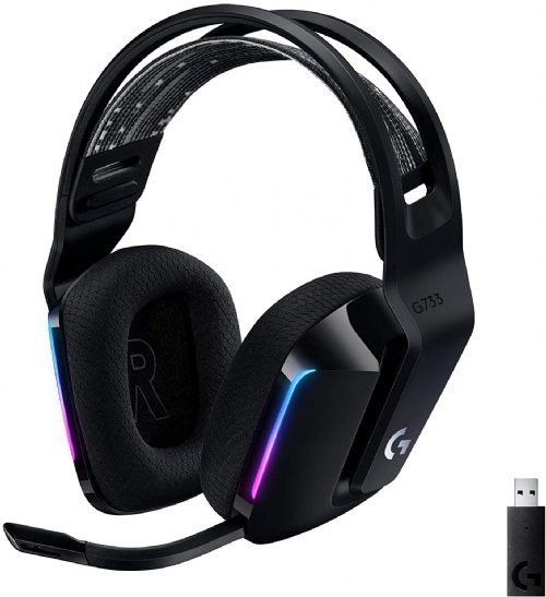 Logitech G733 Lightspeed Wireless Gaming Headset with suspension headband, Light sync RGB, Blue Voice mic technology and PRO-G audio drivers - Black (981-0 ...