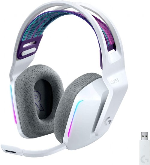 Logitech G733 Lightspeed Wireless Gaming Headset with suspension headband, Light Sync RGB, Blue Voice mic technology and PRO-G audio drivers - White (981-0 ...