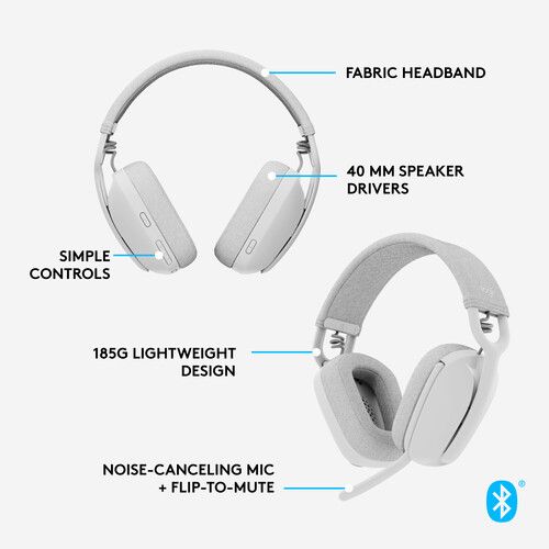Logitech Zone Vibe 100 Wireless Headset, Bluetooth Connectivity, Flip-to-Mute Noise-Canceling Microphone,  Memory Foam & Fabric Cushioning, 40mm Audio Drivers...(White)