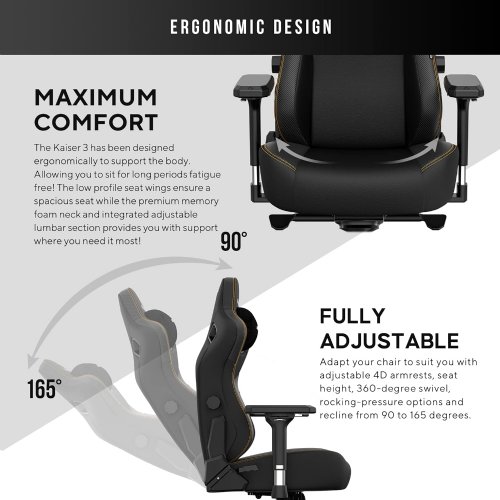 Anda Seat Kaiser 3 XL Gaming Chair, DuraXtra bonded PVC leather provides a really soft and comfortable sitting experience with scratch and stain resistance, Re-Dense Moulded Foam...