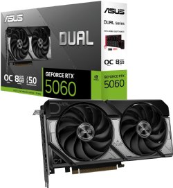 ASUS Dual GeForce RTX 5060 8GB GDDR7 OC Edition, PCIe 5.0, 8GB GDDR7, DLSS 4, HDMI 2.1b, DisplayPort 2.1b, 2.5-Slot Design, Axial-tech Fan Design, 0dB Technology, and More ...