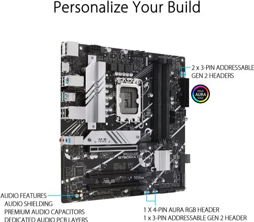 ASUS PRIME B760M-A D4 Intel B760 (LGA 1700)(13th and 12th Gen) MATX Motherboard, PCLE 4.0, Two M.2 Slots, Realtek 2.5GB Ethernet, Displayport, Dual HDMI, SATA 6 GBPS...