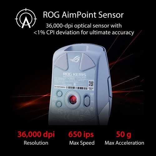 Asus ROG Keris Wireless AimPoint Gaming Mouse, Tri-mode connectivity (2.4GHz RF, Bluetooth, Wired), 36000 DPI sensor, 5 programmable buttons, ROG SpeedNova...
