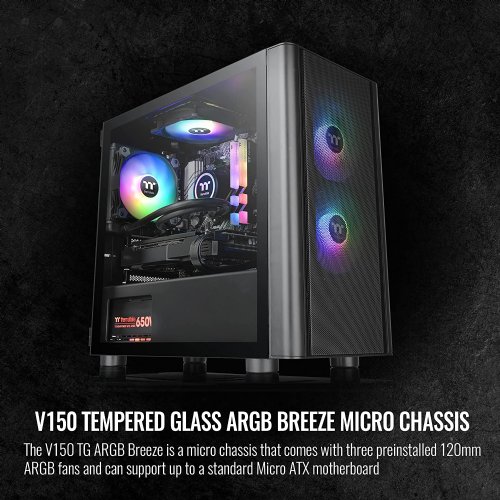 Thermaltake V150 TG Breeze ARGB Motherboard Sync mATX Computer Case with 3x120mm 5V ARGB Fan Pre-Installed, Tempered Glass Side Panel, Ventilated Front Mesh Panel