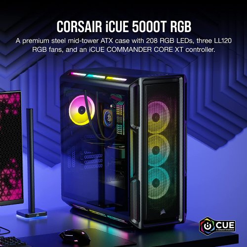 Corsair iCUE 5000T RGB Mid-Tower ATX PC Case, 208 Individually Addressable RGB LEDs, Fits Multiple 360mm Radiators, Easy Cable Management System, Black...(CC-9011230-WW)