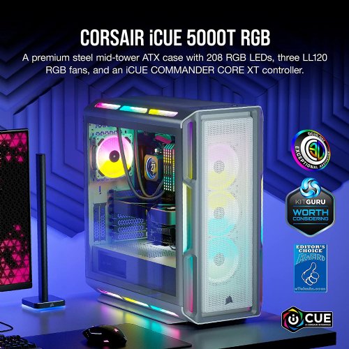Corsair iCUE 5000T RGB Mid-Tower ATX PC Case, 208 Individually Addressable RGB LEDs, Fits Multiple 360mm Radiators, Easy Cable Management System, White...(CC-9011231-WW)