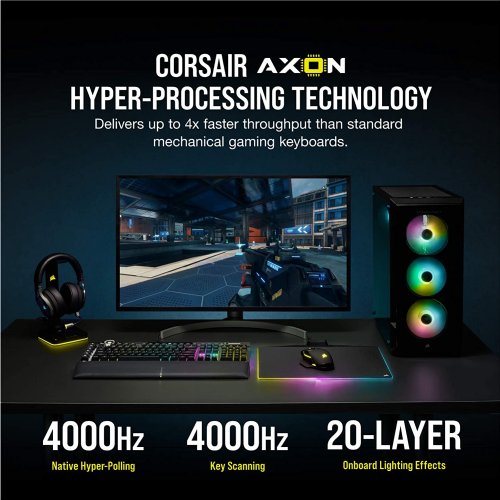 Corsair K100 RGB Optical-Mechanical Gaming Keyboard - Corsair OPX RGB Optical-Mechanical Keyswitches - AXON Hyper-Processing Technology for 4X Faster Throughput..