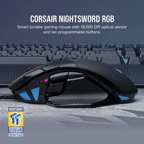 Corsair Nightsword RGB, Performance Tunable FPS/MOBA Gaming Mouse, Black, Backlit RGB LED, 18000 DPI, Optical, (NA version)...(CH-9306011-NA)