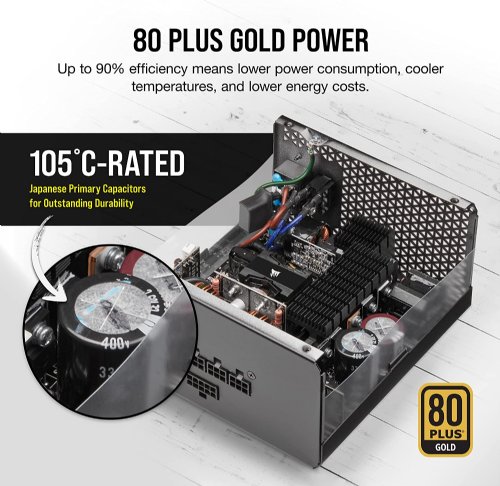 Corsair RMx Series RM850x, 850 Watt, GOLD, Fully Modular Power Supply., 100% Industrial-grade, 105°C rated Japanese capacitors, 135mm ML fan utilizes a magnetic levitation...