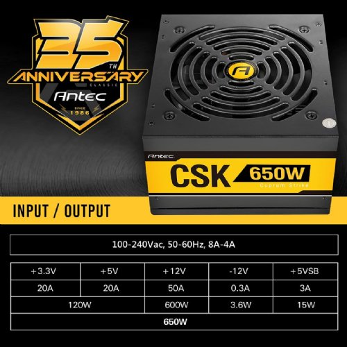 Antec Cuprum Strike Series CSK650 Bronze, 80 PLUS Bronze Certified, 650W with The CircuitShield Suite of Industrial-grade Protections, 120 mm Silent Fan, ATX 12V 2.31...