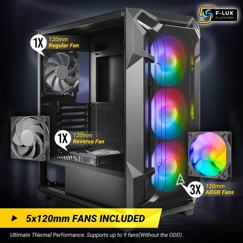 Antec Dark League DF600 Flux, Mid-Tower ATX Gaming Case, Flux Platform, 5 x 120mm Fans Included, ARGB & PWM Fan Controller, Tempered Glass Side Panel...