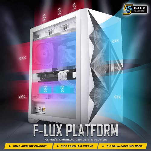 Antec Dark League DF800 FLUX White, Mid Tower ATX Gaming Case, FLUX Platform, 5 x 120mm Fans Included, ARGB & PWM Fan Controller, Tempered Glass Side Panel...
