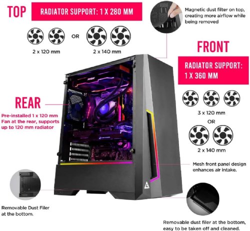 Antec Dark Phantom DP501 ATX Mid Tower Gaming Case, ARGB Motherboard Sync, Tempered Glass, Led mode I/O button: controls the colors and modes of inbuilt LED strips...