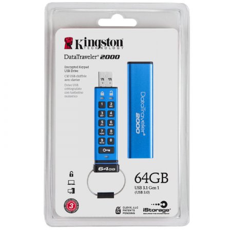 Kingston 64GB Keypad USB 3.0 DT2000, 256bit AES Hardware Encrypted (DT2000/64GB) ...