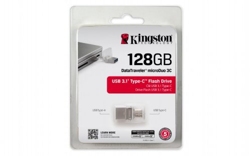 Kingston 128GB DataTraveler microDuo 3C USB 3.0/3.1 + Type-C flash drive,100MB/s read, 15MB/s write,Warranty/support 5-year warranty with free technical su ...