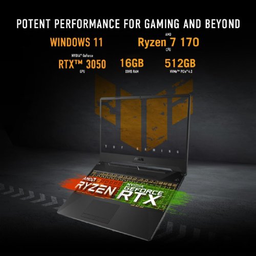 ASUS TUF Gaming A15 15.6in. FHD Laptop, AMD Ryzen 7 170 Processor 3.2GHz (up to 4.75 GHz, 8 cores,16 Threads), DDR5 16GB, NVIDIA GeForce RTX 3050 Graphics, 512GB SSD, Windows 11 Home ...