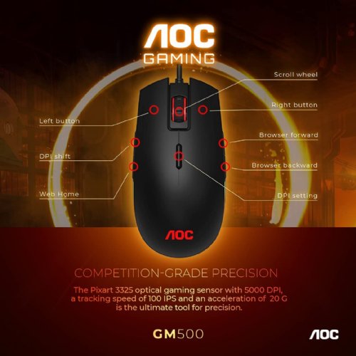AOC GM500 Gaming Mouse, Fully customizable mouse 5000 DPI and 100 IPS tracking speed, Optical Sensor, DPI Button, 16.7M RGB lighting, Portable, Lightweight...