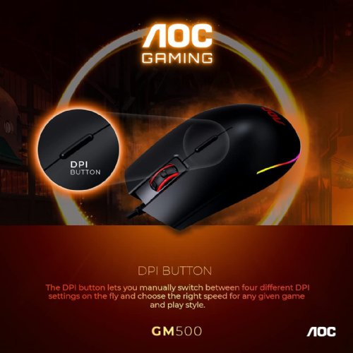 AOC GM500 Gaming Mouse, Fully customizable mouse 5000 DPI and 100 IPS tracking speed, Optical Sensor, DPI Button, 16.7M RGB lighting, Portable, Lightweight...