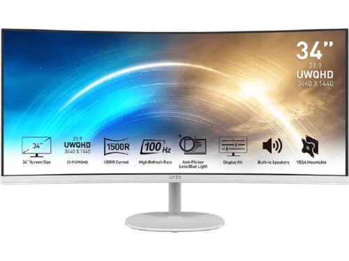 MSI Pro MP341CQW 34" VA Panel, 3440 X 1440 (WUQHD) Monitor, Non Glare with Narrow Bezel, 21:9, 250CD / M2, 1MS (MPRT) / 4MS (GTG), HDMI, Displayport, 24 Months, Matte White...