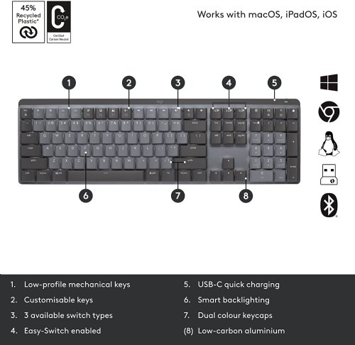Logitech MX Mechanical Wireless Illuminated Performance Keyboard, Clicky Switches, Backlit Keys, Bluetooth, USB-C, macOS, Windows, Linux, iOS, Android, Met...