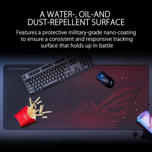 ASUS ROG Scabbard II Extended Gaming Mouse Pad with nano technology protective coating for a water,oil,dust-repellant surface. Anti-fray,flat-stitched edges with non-slip rubber base