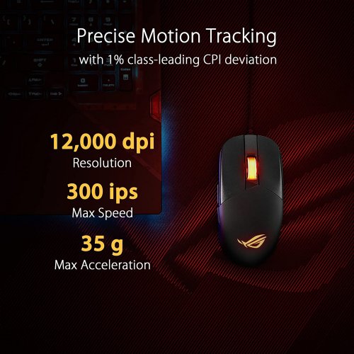 ASUS ROG Strix Impact III Gaming Mouse, Semi-Ambidextrous, Wired, Lightweight, 12000 DPI Sensor, 5 programmable Buttons, Replaceable switches, Paracord Cable...