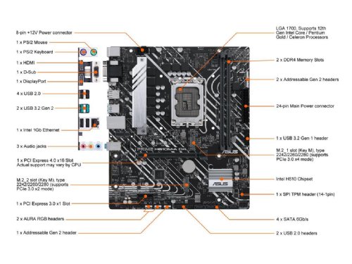 ASUS PRIME H610M-A D4-CSM LGA 1700(Intel 12th Gen) Micro-ATX Commercial motherboard (PCIe 4.0, DDR4, 2xM.2 slots, 1Gb LAN, rear USB 3.2 Gen 2 ports, DP/HDMI/D-Sub...