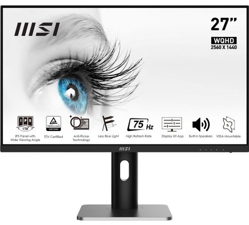 MSI PRO MP273QP 27" IPS 2560 X 1440 (QHD) Monitor, Non Glare with Narrow Bezel, 16:9, 250CD / M2, 1MS (MPRT) / 4MS (GTG), 2 (V1.4B), 1 (V1.2A), Swvl 30 30...