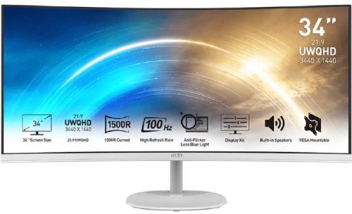 MSI Pro MP341CQW 34" VA Panel, 3440 X 1440 (WUQHD) Monitor, Non Glare with Narrow Bezel, 21:9, 250CD / M2, 1MS (MPRT) / 4MS (GTG), HDMI, Displayport, 24 Months, Matte White...