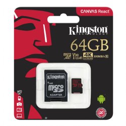Kingston 64GB microSDXC Canvas React  100R/80W U3 UHS-I V30 A1 Card + SD Adptr (SDCR/64GB)
