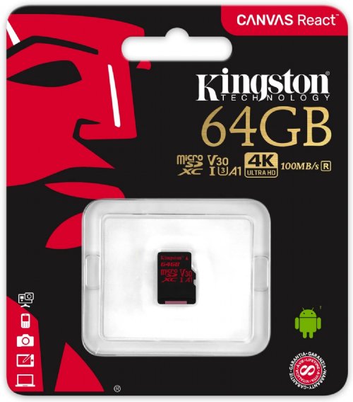 Kingston 64GB microSDHC Canvas React 100/80 U3 UHS-I V30 A1 Single Pack w/o Adp (SDCR/64GBSP)